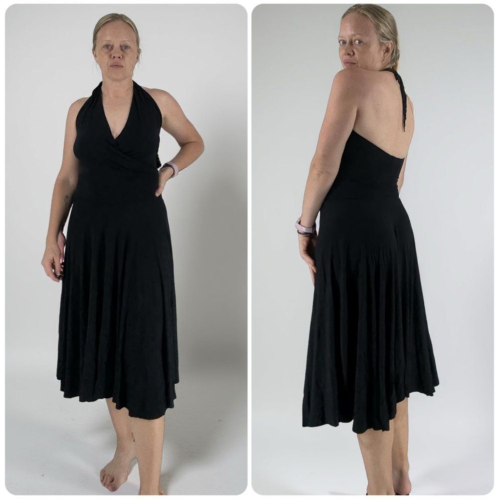 Rachel Pally Halter V-Neck Flowy Midi Dress in Black | Small